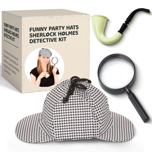 Funny Party Hats Sherlock Holmes Detective Kit - Detective Black and White Hat, Costume Pipe & Working Magnifying Glass - Perfect for Costume Parties