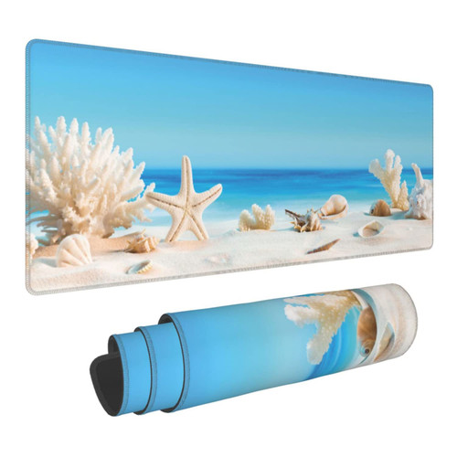 Seashells on Tropical Beach Extended Gaming Mouse Pad Large Desk Mat with Non-Slip Rubber Base and Stitched Edges,Keyboard Mouse Mat Desk Pad for Work,Game,Office,Home 35.4 * 15.7 Inch