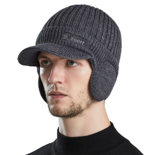 Muryobao Men Winter Beanie Hat Soft Fleece Lined Cuff Knit Hats with Visor Warm Earflaps Newsboy Skull Ski Cap Dark Grey
