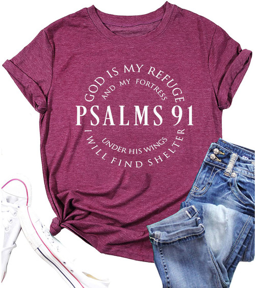 Psalms 91 Jesus Love T-Shirt Women Funny Letter Print Religious Christian Shirt Short Sleeve Casual Blessed Tees Tops (M, Purple Red)