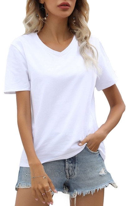 LINDLOOK Women's Short Sleeve V Neck T Shirt Loose Casual Summer Cotton Basic Tee Tops(White/M)