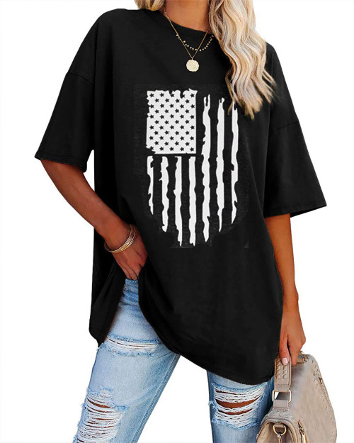 ETATNG Womens Oversized T Shirts Stars Flag Print Half Sleeve Crew Neck Casual Pullover Loose Tee Tops Black XXL
