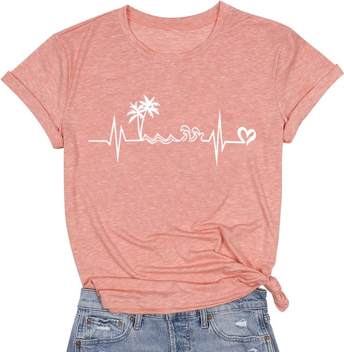 Beach Heartbeat T Shirt for Women Love Heart Graphic Tees Print Shirts Short Sleeve Casual Summer Vacation Tee Tops-Peach M