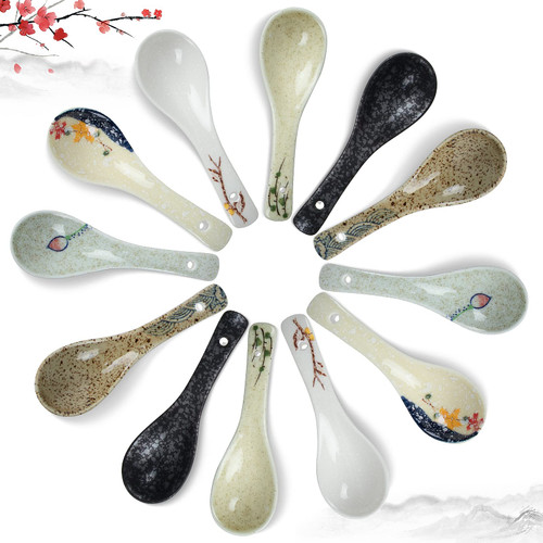 12 Pieces Japanese Retro Ceramics Soup Spoons Japanese Style Rice Spoon Flatware Asian Chinese Serving Spoons Appetizers Tableware Meal Partner for Salad Ramen Noodles Wonton