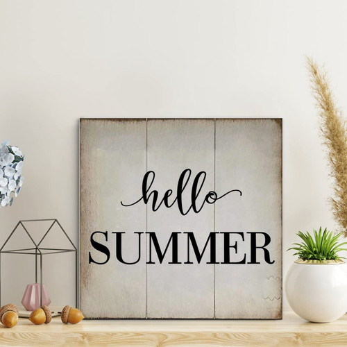 LITTLEGROVE SEEDS Funny Wooden Pallet Sign Hello Summer Wood Signs With Quotes 10x10in Farmhouse Wooden Signs Family Wall Art Decor Wall Hanger for Living Room Bedroom Office
