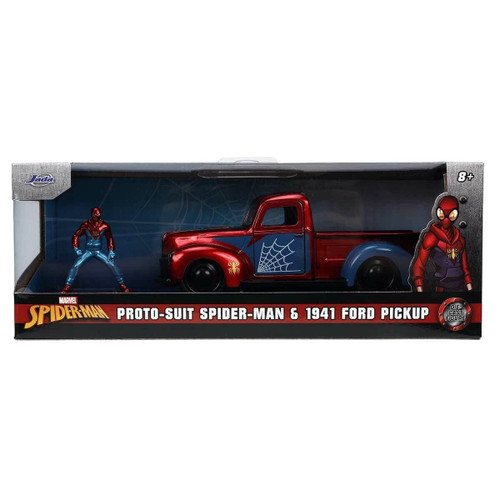 Jada Toys Marvel 1:32 1941 Ford Pickup Die-cast Car & 1.65" Proto-Suit Spider-Man Die-cast Figure, Toys for Kids Ages 8+ Jada Toys Marvel 1:32 1941 Ford Pickup Die-cast Car & 1.65" Proto-Suit Spider-Man Die-cast Figure, Toys for Kids Ages 8+