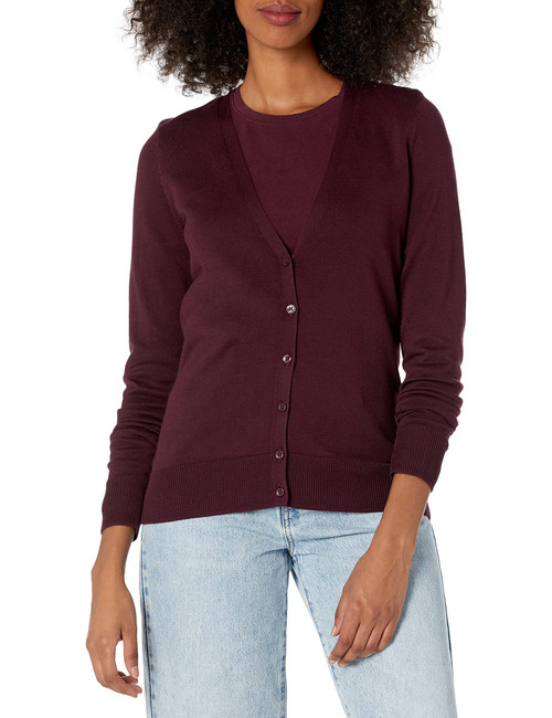 Amazon Essentials Women's Lightweight V-Neck Cardigan Sweater (Available in Plus Size), Burgundy, X-Small