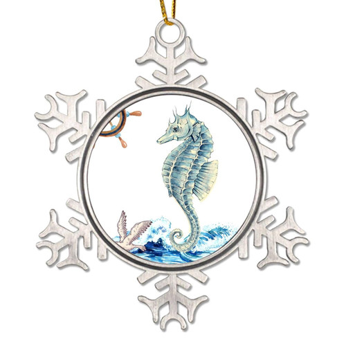 CowkissSign Ornament Rudder Coastal Sea Life Seahorse Xmas Keepsake Gifts Snowflake Decor Watercolor Blue Ocean Wave Buoy Seagull Christmas Ornaments Coastal Ocean Decor Christmas Decorations