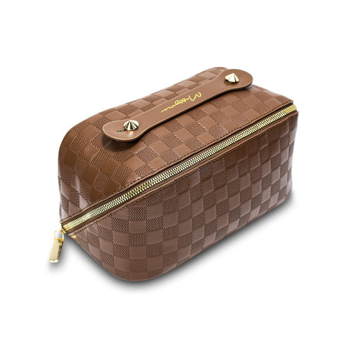 Messyme Travel Makeup Bag - Extra Large Capacity Travel Cosmetic Bags, PU Leather Cosmetic Bag, Travel Toiletry Bag, Makeup Bags Organizer with Divider Flat Lay Checkered Make Up Bag (Brown) Messyme Travel Makeup Bag - Extra Large Capacity Travel Cosmetic Bags, PU Leather Cosmetic Bag, Travel Toiletry Bag, Makeup Bags Organizer with Divider Flat Lay Checkered Make Up Bag (Brown)