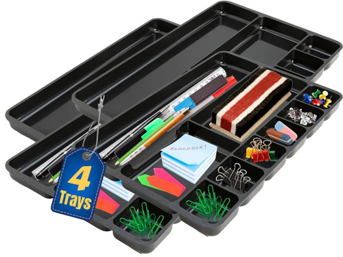 1InTheOffice Plastic Desk Drawer Organizer Tray, Desk Drawer Tray, Drawer Organizer, 9 Compartment, Black, 4 Pack