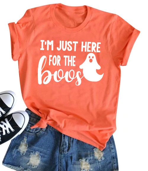 ASTANFY I'm Just Here for The Boos Letters Print T-Shirt Halloween Ghost Graphic Printed Short Sleeve T Shirt Size S (As Shown)