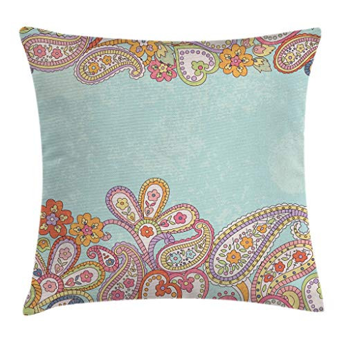Ambesonne Floral Throw Pillow Cushion Cover, Hand Drawn Ornamental Horizontal Pattern Traditional Paisley on Vintage Background, Decorative Square Accent Pillow Case, 24 X 24 Inches, Multicolor
