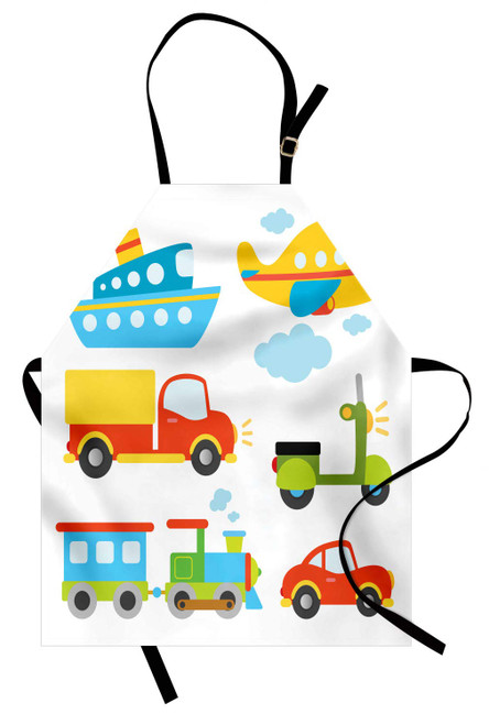 Ambesonne Cartoon Apron, Abstract Transportation Types Car Ship Truck Scooter Train and Aeroplanes, Unisex Kitchen Bib with Adjustable Neck for Cooking Gardening, Adult Size, Green Blue