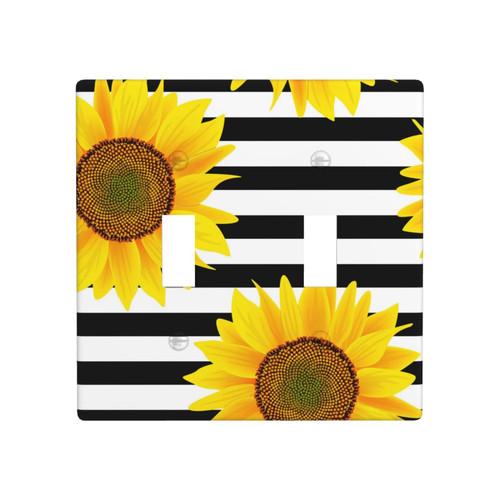 Double Toggle Receptacle Outlet Wall Plate Sunflowers on Striped Decorative Light Switch Plates Cover, Switch Wallplate Cover
