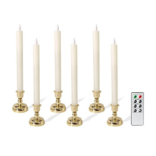 Eldnacele Set of 6 Flameless Flickering Candles LED Window Taper Candles with Candle Holders with Timer and Remote Control for Home and Wedding Decoration (Gold Base)