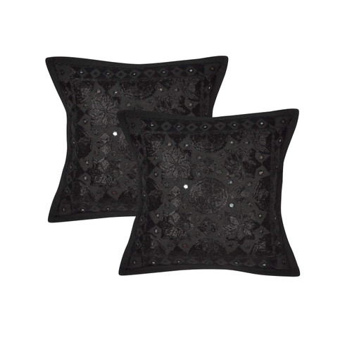 Lalhaveli Indian Mirror Work Cotton Fabric Black Color Cushion Pillow Cover 16 x 16 Inch Set of 2 Pcs