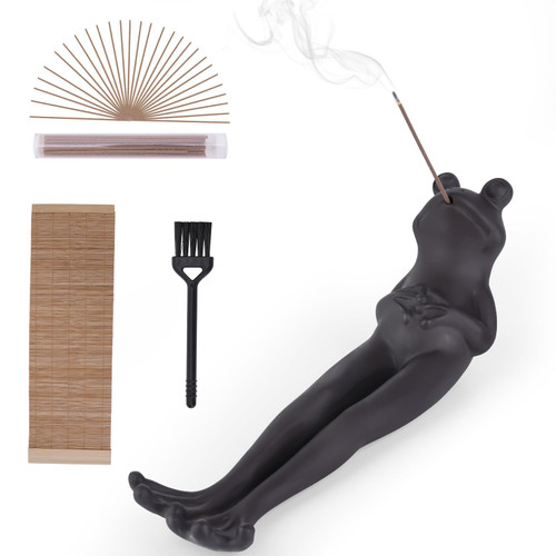 Keluna Frog Incense Burner Holder - Ceramic Zisha Insence Burner Ash Catcher Holder with Bamboo Pad Brush 30 Sandalwood Incense Sticks Aromatherapy Yoga Meditation Living Room Office Home Decor