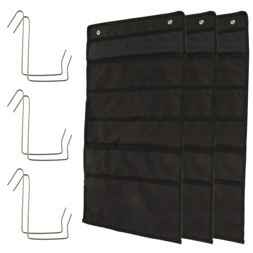 DAJAVE 3 Pack 5 Pocket Hanging File Holder Organizer, Black Wall Storage Pocket Chart with 6 Hooks, Door Hanging File Organizer for Classroom, School, Home, Office Use