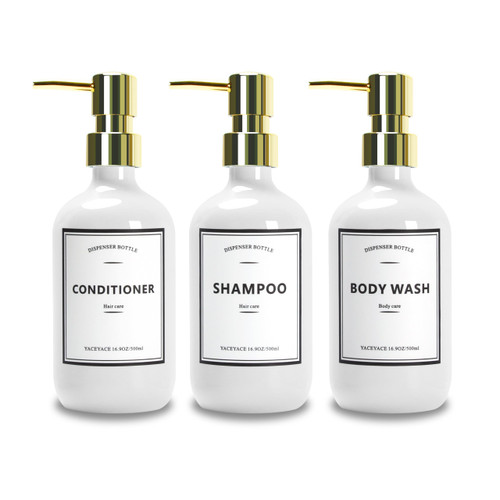 White Shampoo and Conditioner Dispenser Bottles YACEYACE 16.9oz Set of 3 White Shampoo Bottles Shower Soap Dispenser with Gold Pumps Refillable Shower Bottles Refillable with Labels