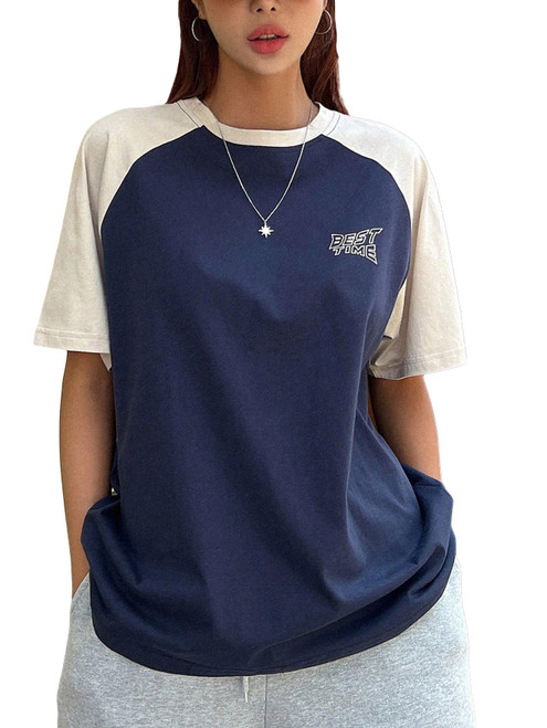 SOLY HUX Women's Color Block Letter Print Graphic Tees Short Sleeve Oversized T Shirt Tops Navy Blue Letter XXL