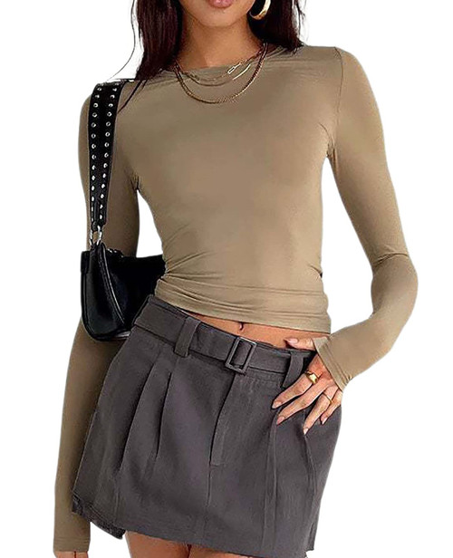 Women's Long Sleeve Crop Top Shirts Basic Casual Crew Neck Y2K T Shirts Top Solid Color Tee Coffee