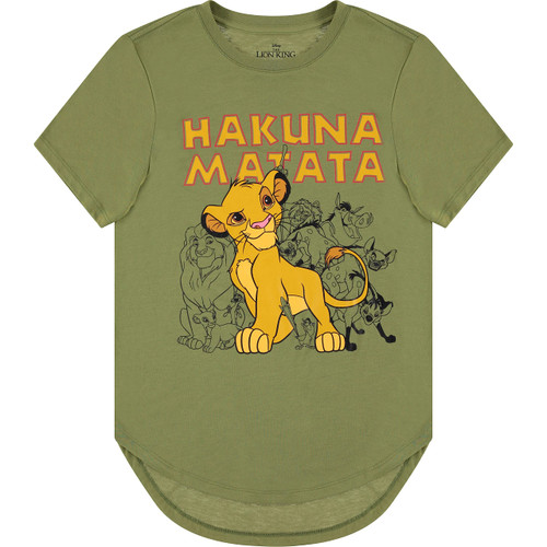 Disney Ladies Lion King Fashion Shirt - Ladies Classic Hakuna Matata Clothing Lion King Simba Mufasa Timon and Pumba Curved Hem Tee (Olive, X-Small)