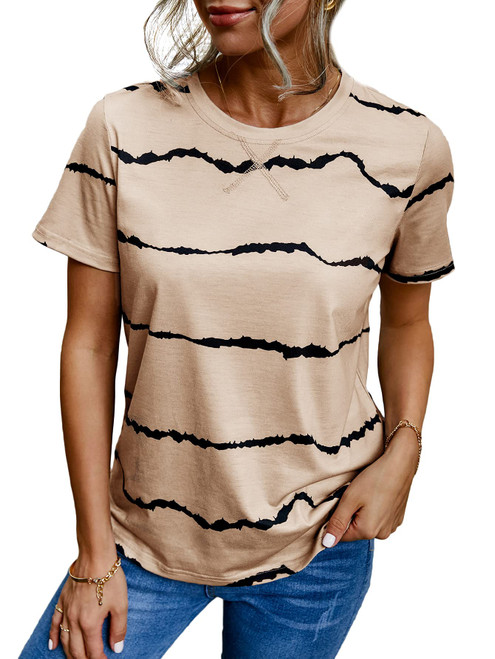 Romwe Women's Casual Striped Short Sleeve Round Neck T Shirt Tee Tops Khaki L