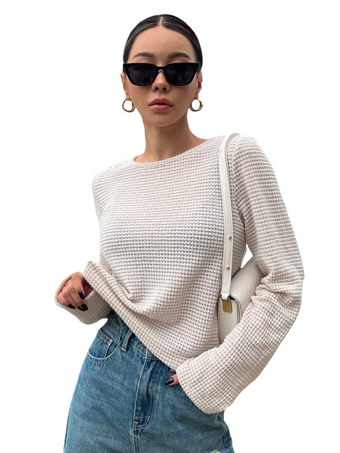 Cozyease Women's Rib Knit Long Sleeve Round Neck Semi Sheer Tee Shirts Solid Casual Tops Apricot L CECSS0925
