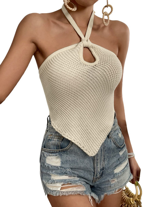 GORGLITTER Women's O Ring Backless Crop Halter Tops Sleeveless Ribbed Knit Hanky Cami Beige Small