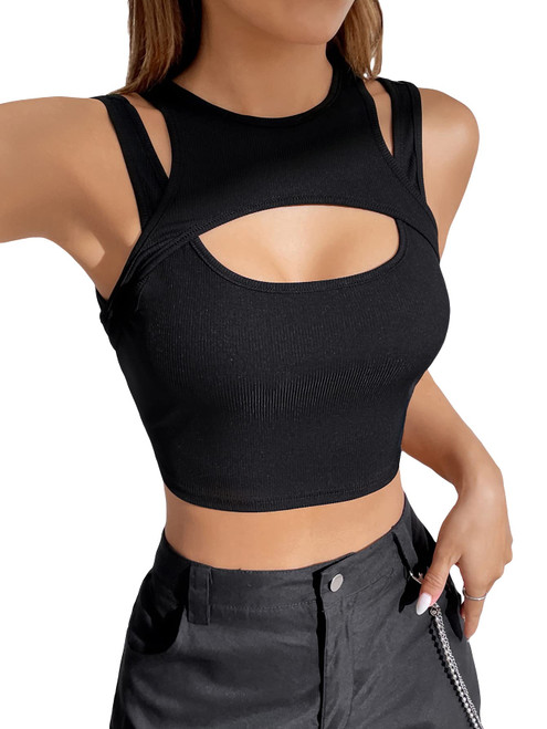 MakeMeChic Women's Cut Out Sleeveless Ribbed Knit Crop Tank Top Black XS