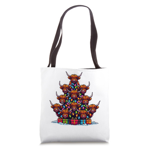 Cute Highland Cow Christmas Tree Xmas Cow Lovers Farmer Tote Bag