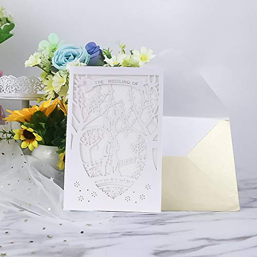 Laser Cut Printable Wedding Invitation Kits - 25pcs 4.7'' x 7'' White Love Tree Wedding Invitations Cards with Printable Paper and Envelopes for Engagement Marriage Bridal Shower Anniversary