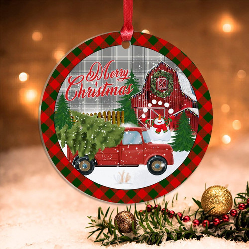 Swavecat Ornaments Farmhouse Barn Xmas Tree Red Truck Christmas Decorations Merry Christmas Buffalo Plaid Check Tree Decoration Ornament Winter Seasons Greeting Acrylic Keepsake