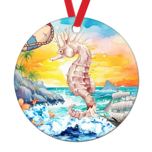 Swavecat Life Buoy Coastal Sea Life Seahorse Ornament for Christmas Decor Watercolor Blue Ocean Wave Sailing Ship Christmas Hanging Decor Coastal Summer Christmas Ceramic Ornament Xmas Decor