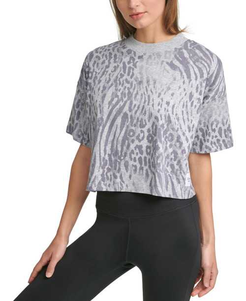 CALVIN KLEIN WOMEN'S PERFORMANCE PRINT WOVEN PATCH LOGO SHORT SLEEVE MOCK NECK CROP BOXY TEE, PEARL GREY HEATHER, M