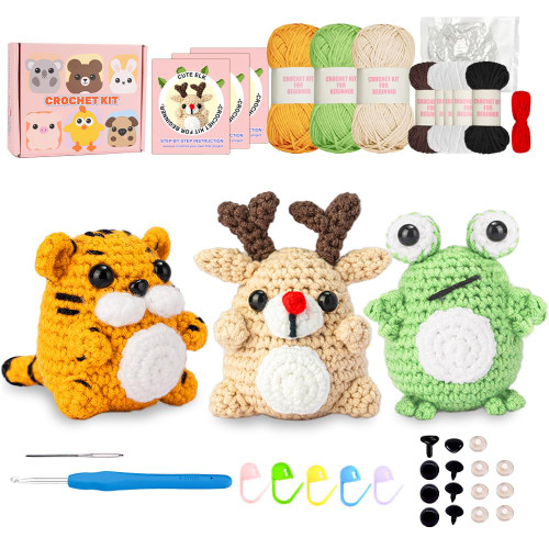BAYAGIN Christmas Crochet Kit for Beginners,3PCS Elk Frog Tiger Knitting Kits for Adults Kids,Crochet Animal Kit,DIY Craft Crochet Starter Kit Christmas Decorations with Step-by-Step Video Tutorials