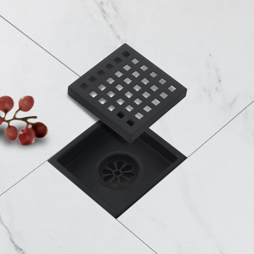 HAMOLER 4 Inch Square Shower Drain Stainless Steel Tile in Floor Drain Drain Cover Removable with Hair Strainer, Matte Black