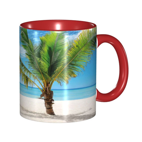 Big Tea Cup, Tropical Unique Mug, Exotic Beach with Palm Tree in Saona Island, 11oz, Personalized Gifts, Blue Cream Green
