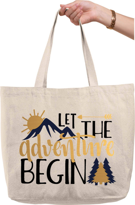 Let The Adventure Begin Mountains Forest Sunshine Sky Arrow natural canvas tote bag funny gift