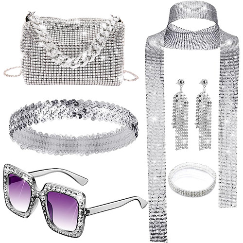 6 PCS 70s Disco Accessories Women 70s Disco Costume Set Disco Earrings Sequin Scarf Sunglasses Bracelet Headband Silver Purse (Silver Sequin Style)