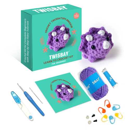 TWISBAY Crochet Kit for Beginners with Crochet Yarn - Triceratops Dinosaur Amigurumi Crochet Kit with Step-by-Step Video Tutorials for Adults and Kids