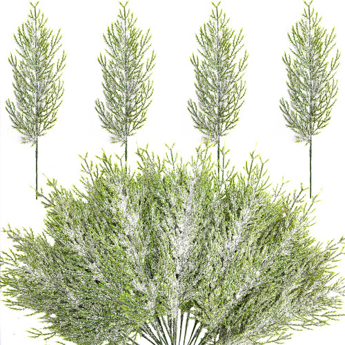 Alpurple 50 Pcs Christmas Snow Frosted Pine Branches- 13.5" Snowy Artificial Pine Needles Branches Twigs- Greenery Ceder Sprigs Pine Picks Stems for Christmas Wreath Home Garden Decoration