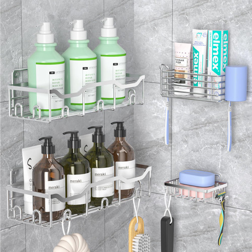 ASTOFLI Silver Shower Shelves 4 pack, Stainless Steel Adhesive Shower Caddy, Large Capacity Bathroom Shower Organizer, Shower Shelf for Inside Shower, Shower Rack Shower Storage Holder with 18 Hooks