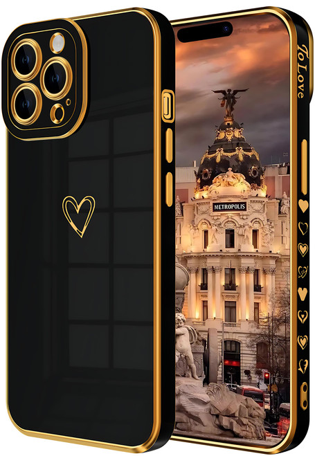 ROUTDOM Compatible with iPhone 15 Pro Case for Women Girls Aesthetic Cute Cool Luxury Trendy Gold Heart Design,Slim Thin Silicone Shockproof Protective Phone Cover for iPhone 15 Pro 6.1 inch?Black?