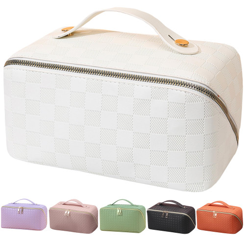 Make Up Bag-Travel Cosmetic Bag, Lay Flat Travel Makeup Bag Organizer Toiletry Bag for Women, White Checkered Makeup Travel Bag with Dividers and Handle, Large Capacity Travel Cosmetic Bag Make Up Bag-Travel Cosmetic Bag, Lay Flat Travel Makeup Bag Organizer Toiletry Bag for Women, White Checkered Makeup Travel Bag with Dividers and Handle, Large Capacity Travel Cosmetic Bag