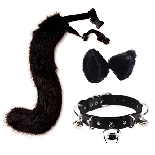 LittleLuluda Faux Fur Cat Ears Hair Clip Furry Wolf Fox Long Tail Costume Halloween Party Neck Chocker Cosplay Set (Black)