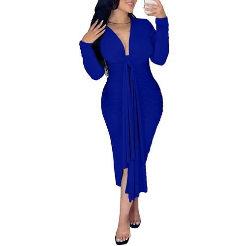 Ekaliy Women's Long Sleeve Maxi Bodycon Dresses V Neck Waist Knit Ruched Cocktail Party Dress with Slit Dark Blue