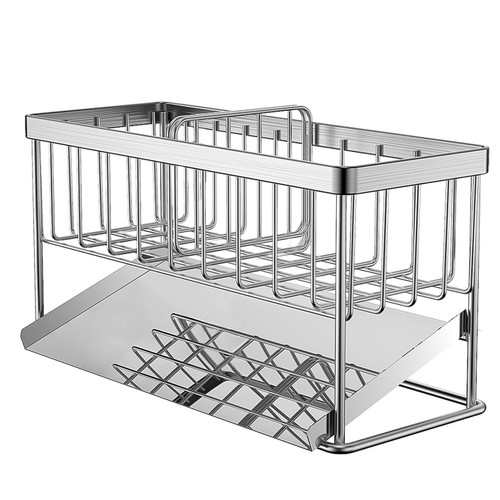 EEKEDO Kitchen Dish Rack Over Sink Caddy, Sponge Holder Kitchen Sink Caddy Organizer, Kitchen Soap Dispenser Caddy Organizer,Stainless Steel 304 Sink Rack with Auto Drain Tray(Sliver)