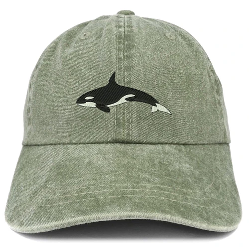 Trendy Apparel Shop Orca Killer Whale Embroidered Pigment Dyed 100% Cotton Cap - Olive