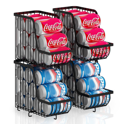 GILLAS 4 Pack Elevated Soda Can Organizer for Pantry/Fridge, Stackable Soda Can Dispenser for Refrigerator, Canned Food Storage Rack Beverage Holder for Kitchen, Countertops, Cabinets, Black